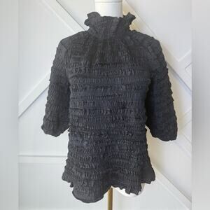 Cynthia Rowley Ruffle Neck 3/4 Sleeve All Over Smocked Blouse Black Size XS